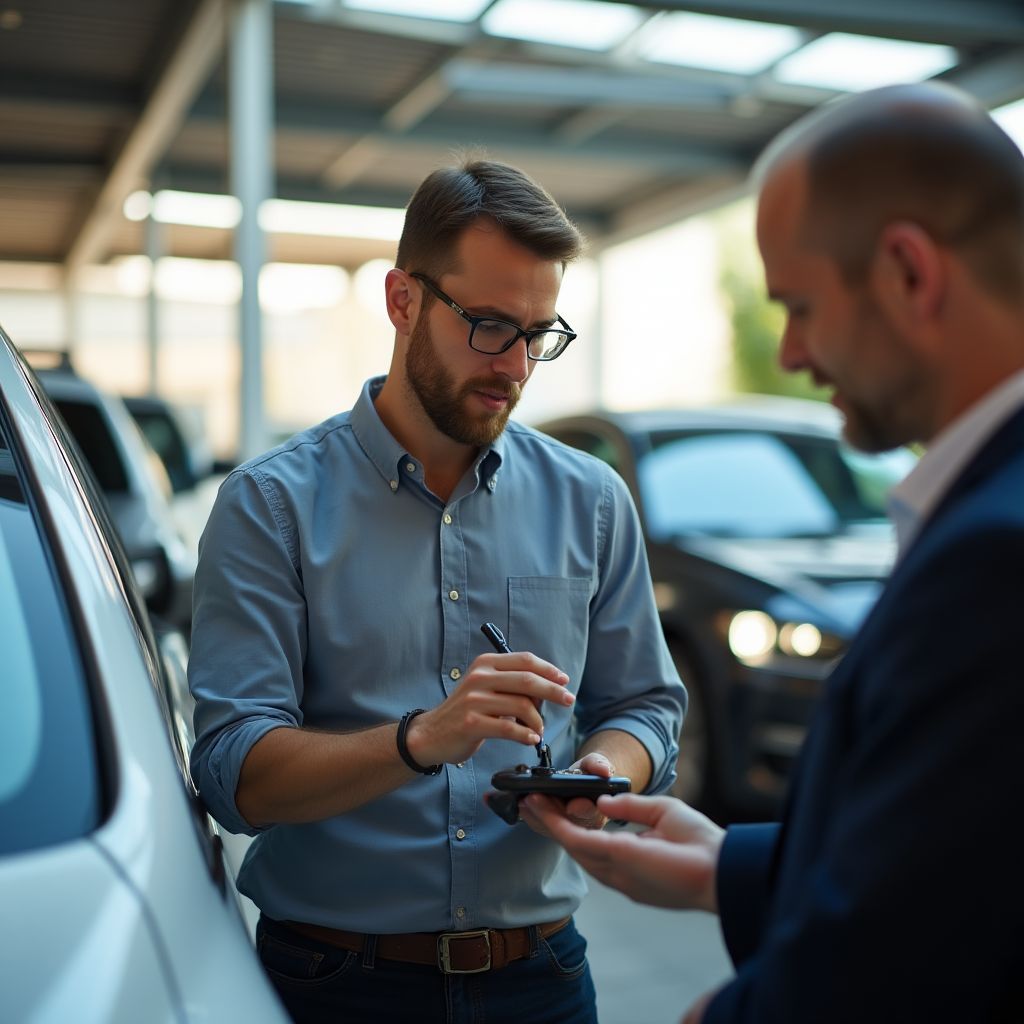 Asesor de ventas mostrando características de un Tesla Model 3
